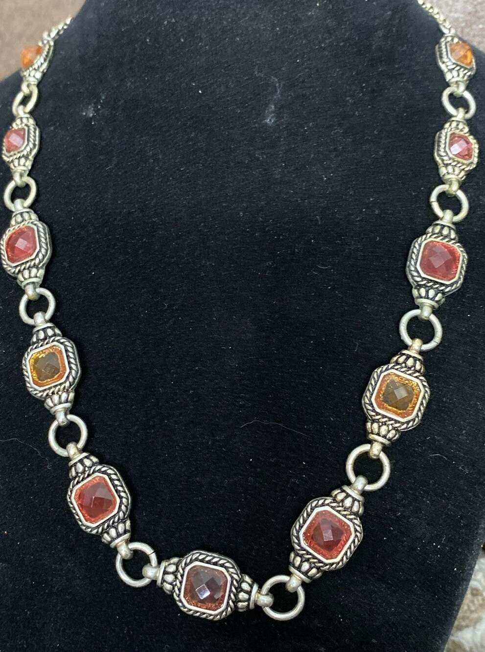 Vintage Napier Goldtone Detailed Amber Red Rhinestone 16”, 4” Extension Necklace